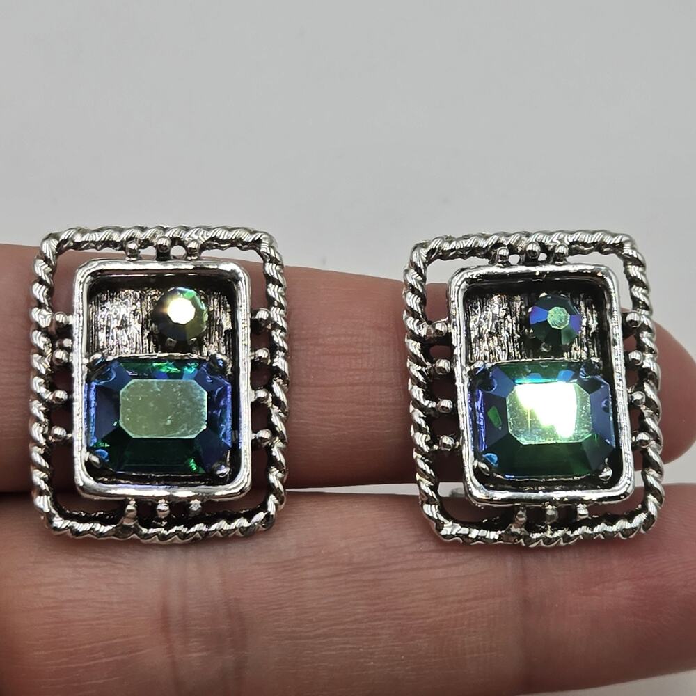 80s Vintage Clip On Earrings Square Rhinestones Green Iridescent Geometric